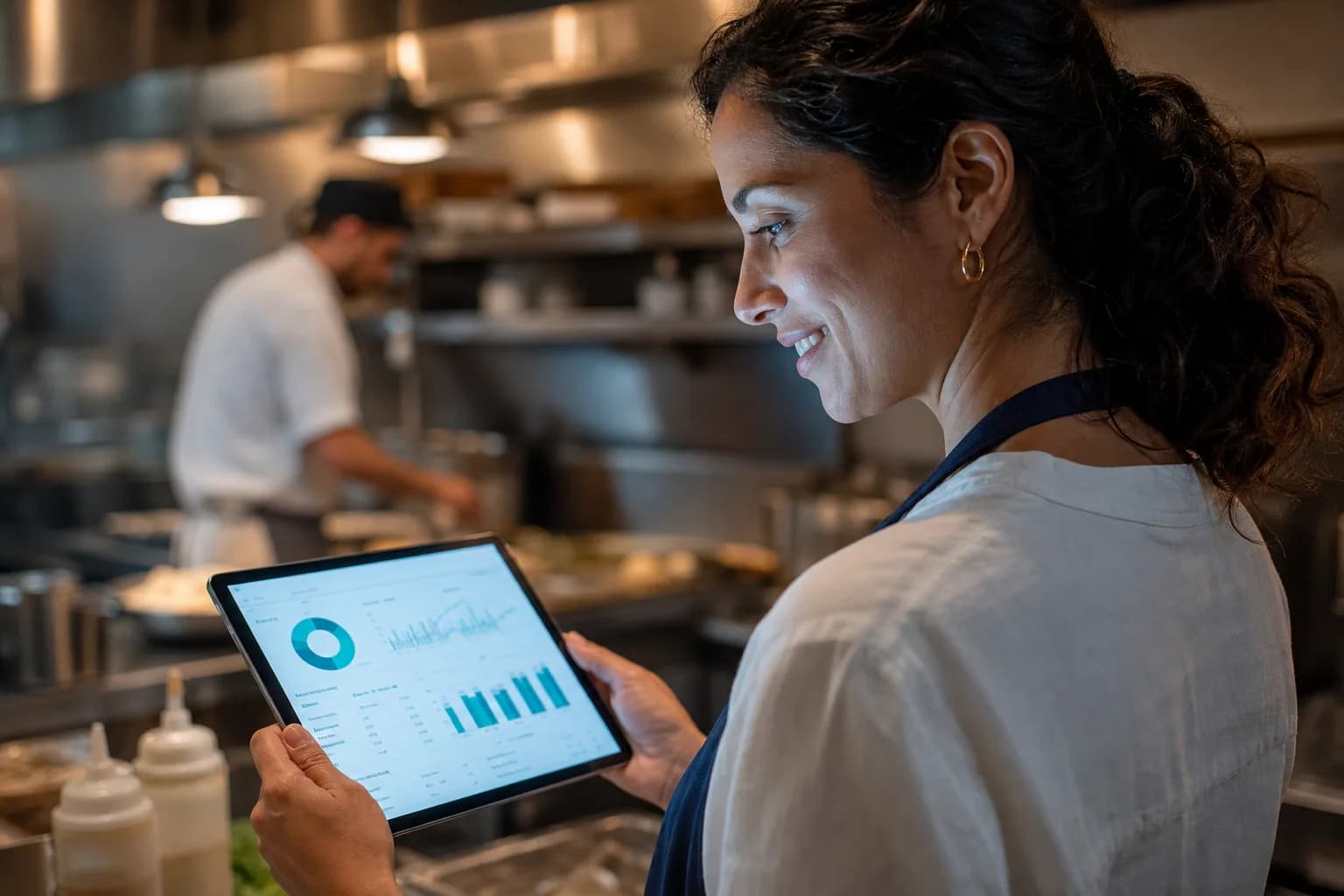 Gestora de restaurante conferindo os resultados no tablet na cozinha